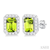 6x4 MM Octagonal Shape Peridot and 1/4 Ctw Round Cut Diamond Halo Semi-Precious Stud Earrings in 14K White Gold