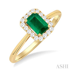 6x4 MM Octagonal Shape Emerald and 1/6 Ctw Round Cut Diamond Halo Precious Ring in 14K Yellow Gold 6x4 MM Octagonal Shape Emerald and 1/6 Ctw Round Cut Diamond Halo Precious Ring in 14K Yellow Gold