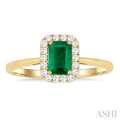 6x4 MM Octagonal Shape Emerald and 1/6 Ctw Round Cut Diamond Halo Precious Ring in 14K Yellow Gold 6x4 MM Octagonal Shape Emerald and 1/6 Ctw Round Cut Diamond Halo Precious Ring in 14K Yellow Gold