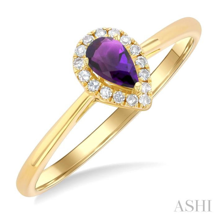5x3 MM Pear Shape Amethyst and 1/20 Ctw Single Cut Diamond Halo Semi-Precious Ring in 14K Yellow Gold 5x3 MM Pear Shape Amethyst and 1/20 Ctw Single Cut Diamond Halo Semi-Precious Ring in 14K Yellow Gold