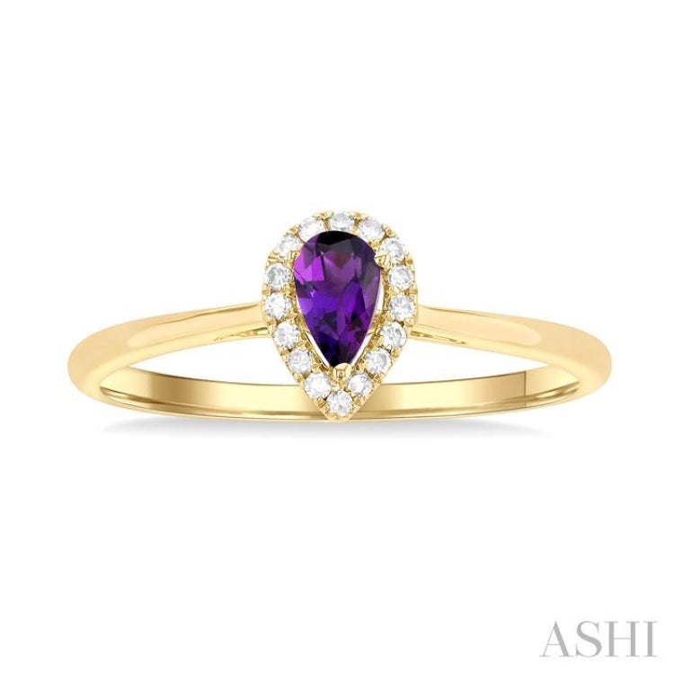 5x3 MM Pear Shape Amethyst and 1/20 Ctw Single Cut Diamond Halo Semi-Precious Ring in 14K Yellow Gold 5x3 MM Pear Shape Amethyst and 1/20 Ctw Single Cut Diamond Halo Semi-Precious Ring in 14K Yellow Gold