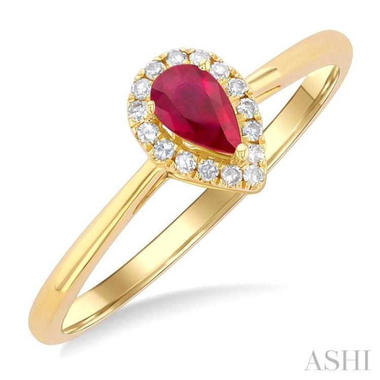 5x3 MM Pear Shape Ruby and 1/20 Ctw Single Cut Diamond Halo Precious Ring in 10K Yellow Gold 5x3 MM Pear Shape Ruby and 1/20 Ctw Single Cut Diamond Halo Precious Ring in 10K Yellow Gold