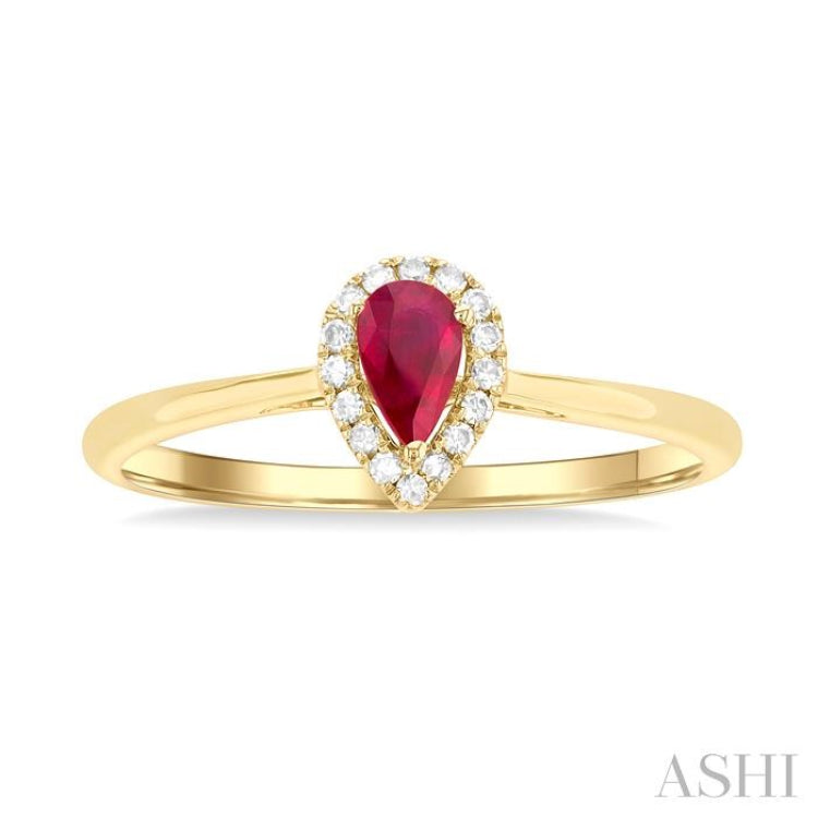 5x3 MM Pear Shape Ruby and 1/20 Ctw Single Cut Diamond Halo Precious Ring in 10K Yellow Gold 5x3 MM Pear Shape Ruby and 1/20 Ctw Single Cut Diamond Halo Precious Ring in 10K Yellow Gold