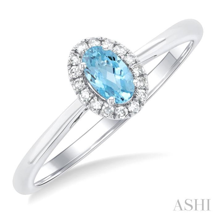 5x3 MM Oval Shape Aquamarine and 1/20 Ctw Single Cut Diamond Halo Semi-Precious Ring in 14K White Gold 5x3 MM Oval Shape Aquamarine and 1/20 Ctw Single Cut Diamond Halo Semi-Precious Ring in 14K White Gold