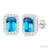 6x4 MM Octagonal Shape Blue Topaz and 1/4 Ctw Round Cut Diamond Halo Semi-Precious Stud Earrings in 10K White Gold