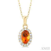 5x3 MM Oval Shape Citrine and 1/20 Ctw Single Cut Diamond Halo Semi-Precious Pendant with Chain in 10K Yellow Gold