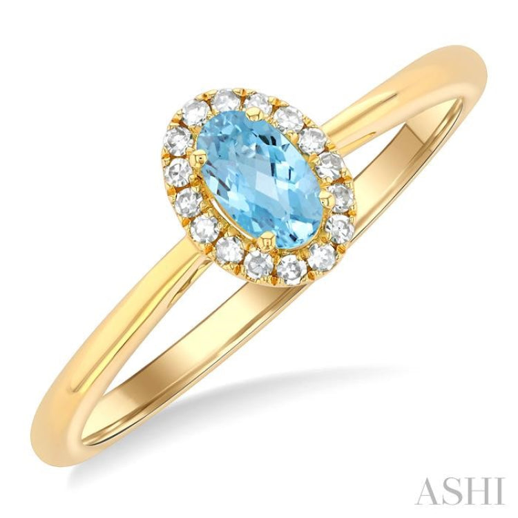 5x3 MM Oval Shape Aquamarine and 1/20 Ctw Single Cut Diamond Halo Semi-Precious Ring in 14K Yellow Gold 5x3 MM Oval Shape Aquamarine and 1/20 Ctw Single Cut Diamond Halo Semi-Precious Ring in 14K Yellow Gold