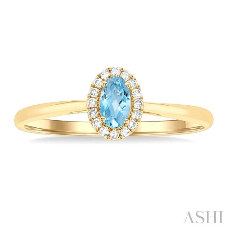 5x3 MM Oval Shape Aquamarine and 1/20 Ctw Single Cut Diamond Halo Semi-Precious Ring in 14K Yellow Gold 5x3 MM Oval Shape Aquamarine and 1/20 Ctw Single Cut Diamond Halo Semi-Precious Ring in 14K Yellow Gold