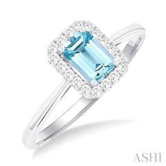 6x4 MM Octagonal Shape Aquamarine and 1/6 Ctw Round Cut Diamond Halo Semi-Precious Ring in 10K White Gold 6x4 MM Octagonal Shape Aquamarine and 1/6 Ctw Round Cut Diamond Halo Semi-Precious Ring in 10K White Gold