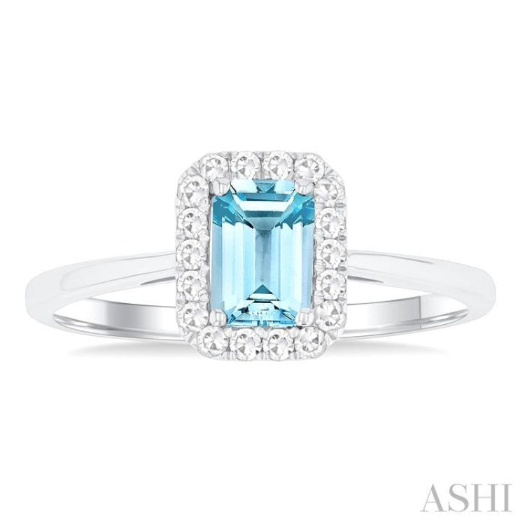 6x4 MM Octagonal Shape Aquamarine and 1/6 Ctw Round Cut Diamond Halo Semi-Precious Ring in 10K White Gold 6x4 MM Octagonal Shape Aquamarine and 1/6 Ctw Round Cut Diamond Halo Semi-Precious Ring in 10K White Gold