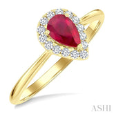 6x4 MM Pear Shape Ruby and 1/6 Ctw Round Cut Diamond Halo Precious Ring in 14K Yellow Gold