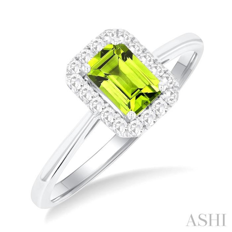 6x4 MM Octagonal Shape Peridot and 1/6 Ctw Round Cut Diamond Halo Semi-Precious Ring in 10K White Gold 6x4 MM Octagonal Shape Peridot and 1/6 Ctw Round Cut Diamond Halo Semi-Precious Ring in 10K White Gold