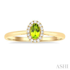 5x3 MM Oval Shape Peridot and 1/20 Ctw Single Cut Diamond Halo Semi-Precious Ring in 14K Yellow Gold 5x3 MM Oval Shape Peridot and 1/20 Ctw Single Cut Diamond Halo Semi-Precious Ring in 14K Yellow Gold