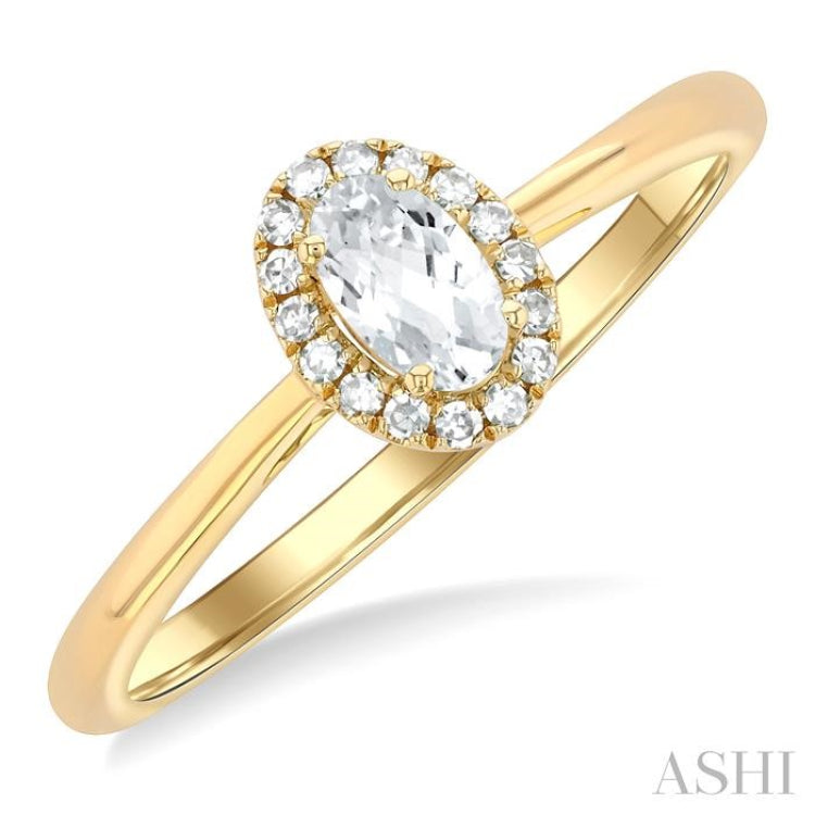 5x3 MM Oval Shape White Topaz and 1/20 Ctw Single Cut Diamond Halo Semi-Precious Ring in 10K Yellow Gold 5x3 MM Oval Shape White Topaz and 1/20 Ctw Single Cut Diamond Halo Semi-Precious Ring in 10K Yellow Gold
