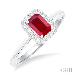 6x4 MM Octagonal Shape Ruby and 1/6 Ctw Round Cut Diamond Halo Precious Ring in 10K White Gold 6x4 MM Octagonal Shape Ruby and 1/6 Ctw Round Cut Diamond Halo Precious Ring in 10K White Gold
