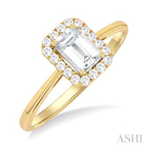 6x4 MM Octagonal Shape White Topaz and 1/6 Ctw Round Cut Diamond Halo Semi-Precious Ring in 14K Yellow Gold