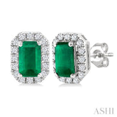 5x3 MM Octagonal Shape Emerald and 1/8 Ctw Single Cut Diamond Halo Precious Stud Earrings in 14K White Gold
