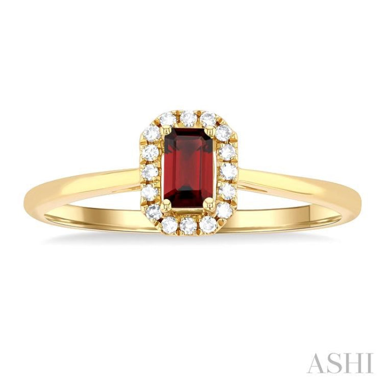 5x3 MM Octagonal Shape Garnet and 1/20 Ctw Single Cut Diamond Halo Semi-Precious Ring in 14K Yellow Gold 5x3 MM Octagonal Shape Garnet and 1/20 Ctw Single Cut Diamond Halo Semi-Precious Ring in 14K Yellow Gold