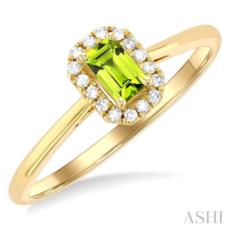 5x3 MM Octagonal Shape Peridot and 1/20 Ctw Single Cut Diamond Halo Semi-Precious Ring in 14K Yellow Gold 5x3 MM Octagonal Shape Peridot and 1/20 Ctw Single Cut Diamond Halo Semi-Precious Ring in 14K Yellow Gold