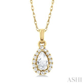 5x3 MM Pear Shape White Topaz and 1/20 Ctw Single Cut Diamond Halo Semi-Precious Pendant with Chain in 14K Yellow Gold