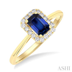 6x4 MM Octagonal Shape Sapphire and 1/6 Ctw Round Cut Diamond Halo Precious Ring in 10K Yellow Gold 6x4 MM Octagonal Shape Sapphire and 1/6 Ctw Round Cut Diamond Halo Precious Ring in 10K Yellow Gold