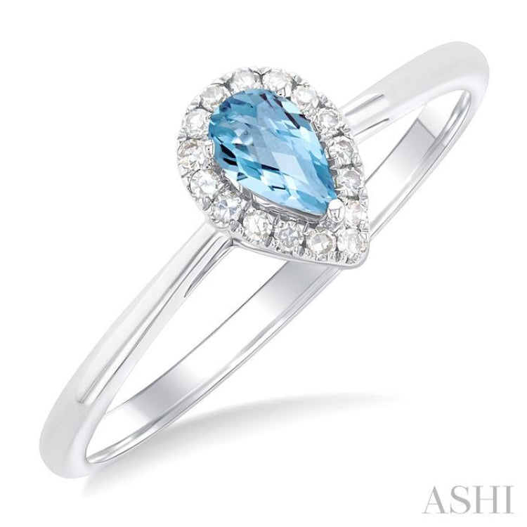 5x3 MM Pear Shape Aquamarine and 1/20 Ctw Single Cut Diamond Halo Semi-Precious Ring in 14K White Gold 5x3 MM Pear Shape Aquamarine and 1/20 Ctw Single Cut Diamond Halo Semi-Precious Ring in 14K White Gold