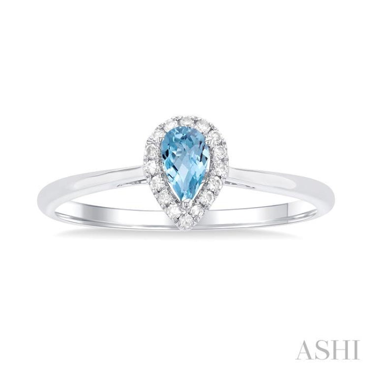 5x3 MM Pear Shape Aquamarine and 1/20 Ctw Single Cut Diamond Halo Semi-Precious Ring in 14K White Gold 5x3 MM Pear Shape Aquamarine and 1/20 Ctw Single Cut Diamond Halo Semi-Precious Ring in 14K White Gold