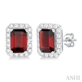 6x4 MM Octagonal Shape Garnet and 1/4 Ctw Round Cut Diamond Halo Semi-Precious Stud Earrings in 10K White Gold