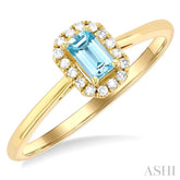 5x3 MM Octagonal Shape Aquamarine and 1/20 Ctw Single Cut Diamond Halo Semi-Precious Ring in 14K Yellow Gold