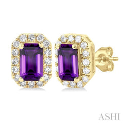 5x3 MM Octagonal Shape Amethyst and 1/8 Ctw Single Cut Diamond Halo Semi-Precious Stud Earrings in 10K Yellow Gold 5x3 MM Octagonal Shape Amethyst and 1/8 Ctw Single Cut Diamond Halo Semi-Precious Stud Earrings in 10K Yellow Gold