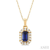 5x3 MM Octagonal Shape Sapphire and 1/20 Ctw Single Cut Diamond Halo Precious Pendant with Chain in 14K Yellow Gold