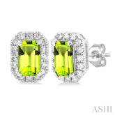 5x3 MM Octagonal Shape Peridot and 1/8 Ctw Round Cut Diamond Halo Semi-Precious Stud Earrings in 10K White Gold