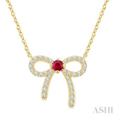 2.40 MM Round Shape Ruby and 1/8 Ctw Bow Round Cut Diamond Fashion Pendant With Chain in 10k Yellow Gold