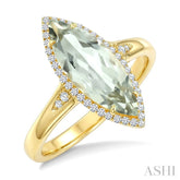 16X7 MM Evoque Gemstone Marquise Shape Green Amethyst and 1/6 Ctw Round Cut Diamond Semi-Precious Ring in 10K Yellow Gold