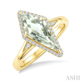 16X7 MM Evoque Gemstone Kite Shape Green Amethyst and 1/6 Ctw Round Cut Diamond Semi-Precious Ring in 10K Yellow Gold