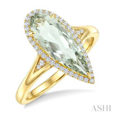 16X6 MM Evoque Gemstone Pear Shape Green Amethyst and 1/6 Ctw Round Cut Diamond Semi-Precious Ring in 10K Yellow Gold