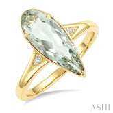 16X6 MM Evoque Gemstone Pear Shape Green Amethyst and 1/50 Ctw Round Cut Diamond Semi-Precious Ring in 10K Yellow Gold