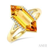 16X6 MM Evoque Gemstone Hexagon Shape Citrine and 1/10 Ctw Round Cut Diamond Semi-Precious Ring in 10K Yellow Gold