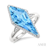 22X9 MM Evoque Gemstones Kite Shape Blue Topaz and 1/5 Ctw Round Cut Diamond Semi-Precious Ring in 14K White Gold