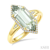 16X6 MM Evoque Gemstone Hexagon Shape Green Amethyst and 1/5 Ctw Round Cut Diamond Semi-Precious Ring in 10K Yellow Gold
