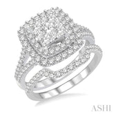1 3/8 Ctw Lovebright Round Cut Diamond Wedding Set With 1 1/6 Ctw Cushion Shape Engagement Ring and 1/4 Ctw Scooped Wedding Band in 14K White Gold