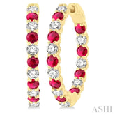 2.7 MM Round Shape Ruby and 1 1/4 Ctw Interior & Exterior Round Cut Diamond Precious Hoop Earrings in 14K Yellow Gold