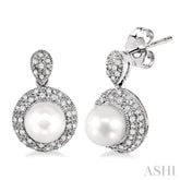 6 MM Cultured Pearl and 1/3 Ctw Round Cut Diamond Earrings in 14K White Gold