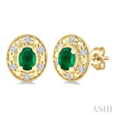 4x3 MM Oval Shaped Emerald and 1/10 Ctw Round Cut Diamond Earrings in 14K Yellow Gold