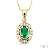 5x3 MM Oval Shape Emerald and 1/20 Ctw Round Cut Diamond Pendant in 14K Yellow Gold with Chain