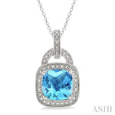 10x10 MM Cushion Shape Blue Topaz and 1/20 Ctw Round Cut Diamond Pendant in Sterling Silver with Chain