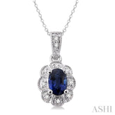 6x4 MM Oval Cut Sapphire and 1/20 Ctw Round Cut Diamond Pendant in Sterling Silver with Chain