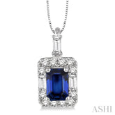 6x4 MM Octagon Cut Sapphire and 1/3 Ctw Round Cut Diamond Precious Pendant in 14K White Gold with Chain