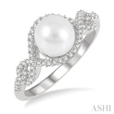7 MM Round Shape Cultured Pearl and 1/5 Ctw Round Cut Diamond Twisted Open Lattice Ring in 10K White Gold