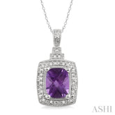 9x7 MM Cushion Shape Amethyst and 1/10 Ctw Round Cut Diamond Pendant in Sterling Silver with Chain